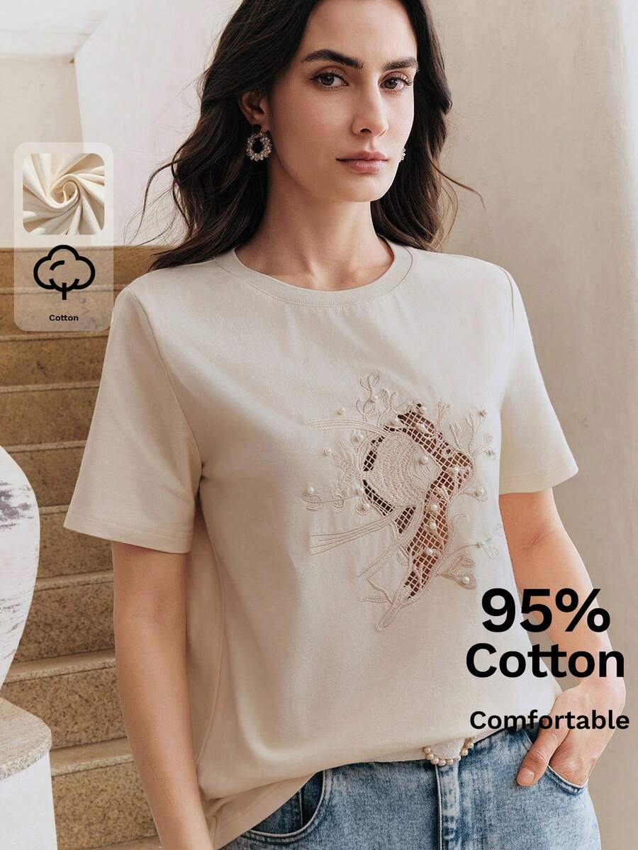 Anewsta Summer Vacation Casual Outfit, 95% Cotton Comfortable Round Neck Short Sleeve T-Shirt With Ocean Elements, Hollow-Out Embroidery And Beaded Decor, Suitable For Beach Holiday - Apricot - View 1