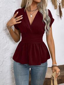 Wandoria 女士夏季纯色褶裥腰部V领蝙蝠袖休闲荷叶边上衣，度假装 - 酒紅色 - 查看 6