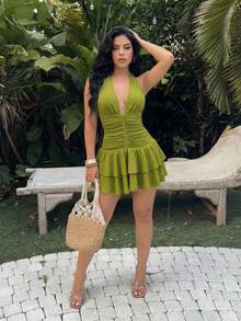 SHEIN SXY 纹理面料度假沙滩夏季吊带裙 - 綠色 - 查看 5