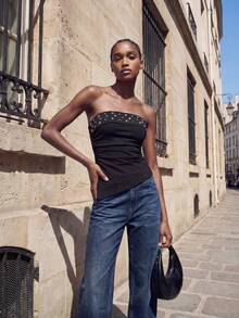 Maija Women's Rivet Design Fashion Pleated Asymmetric Hem Bandeau Top - Black - View 7