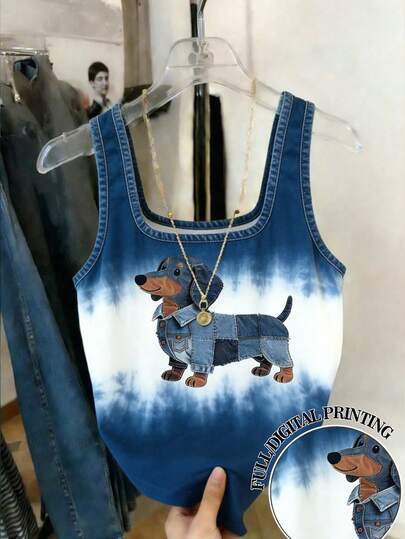 Resyla Women's Fitted Denim Effect Ombre Dog Print Tank Top