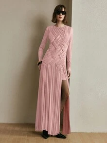 SHEIN 女士针织弹力网布圆领插肩袖不对称拼接设计优雅约会长裙 - 粉色 - 查看 2