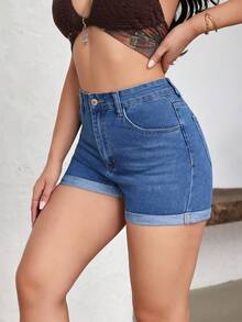 SHEIN EZwear 女士休闲日常口袋纽扣牛仔短裤 - 藍色 - 查看 6