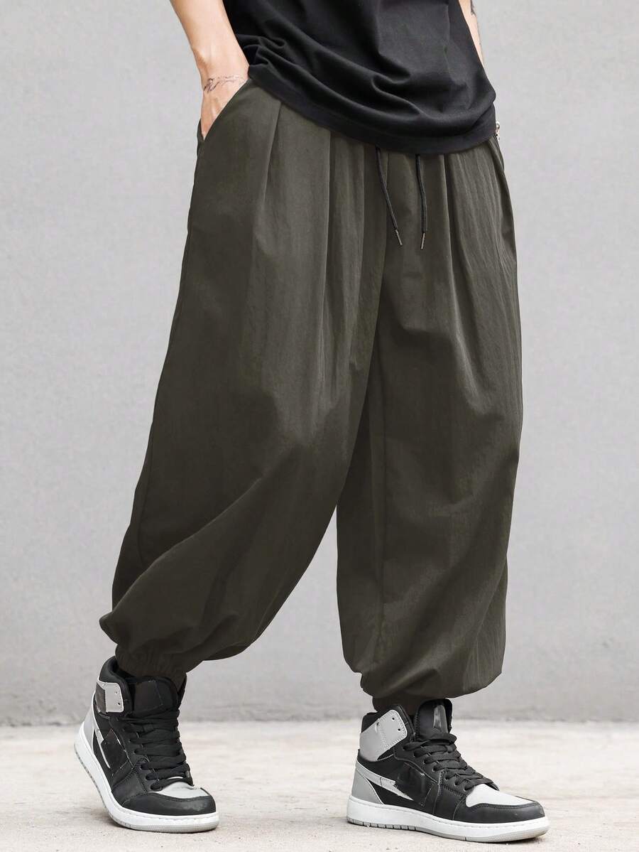 Manfinity EMRG Men's Casual Solid Color Drawstring Pants - Dark Grey - View 1