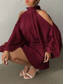 Aloruh 女士新款纯色长袖迷你连衣裙，灯笼袖A字裙，适合派对、约会、下午茶等场合，秋冬季款 - 中紫紅色 - 查看 7