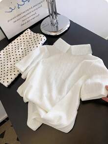 Lyxana Women's Fashion Pearl Decor Turndown Collar Button Half-Placket Short Sleeve T-Shirt - White - View 2