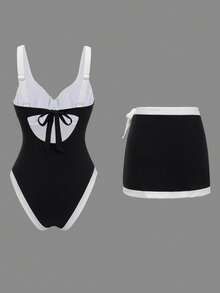 Swim Oasis Women's Black & White Contrast Color Underwire Adjustable Strap Tankini Two Pieces Swimsuit - Black and White - View 2