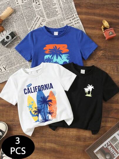 3pcs/Set 4-7 Years Old Young BoyCasual Vacation Style / Retro American Coconut Tree Surfboard California Print Design Short Sleeve T-Shirts, Lightweight Versatile Tops For Daily Wear, School, Beach Holiday, Sports Casual, Spring Summer Autumn