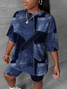 SHEIN CURVE+ Casual minimalistiskt set i 2 delar med heltryck, plus size - Multifärgad - Visa 3