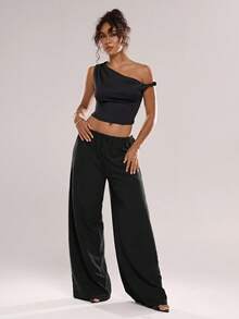 Women's Solid Color Casual Everyday Pants With Drawstring Waist - Black - View 10