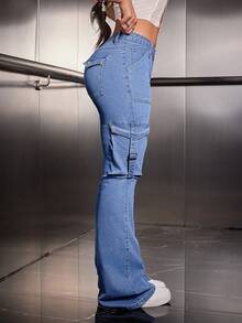 SHEIN ICON Women's Solid Color Retro Cargo Denim Flare Pants - Medium Wash - View 3