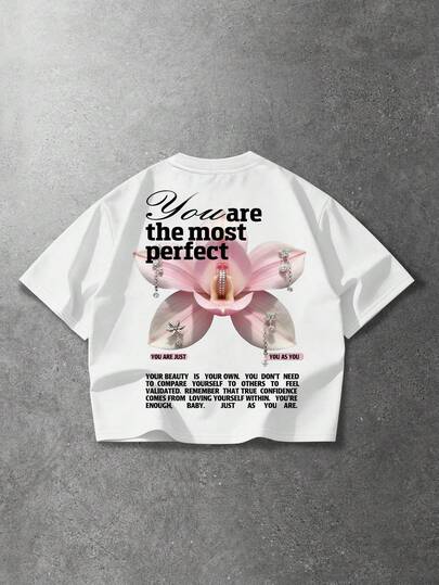 ROMWE MEN Men's Slogan & Floral Print Short Sleeve Casual Versatile T-Shirt