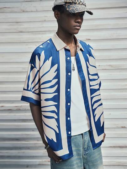 Modcrash 男士休闲梭织大花卉印花宽松落肩短袖衬衫 男士衬衫 男士复古衬衫 男士度假装 男士保龄球衫，复古美式，男女皆宜，宽松版型夏季服装 – 适合日常穿着和夏季度假穿着。