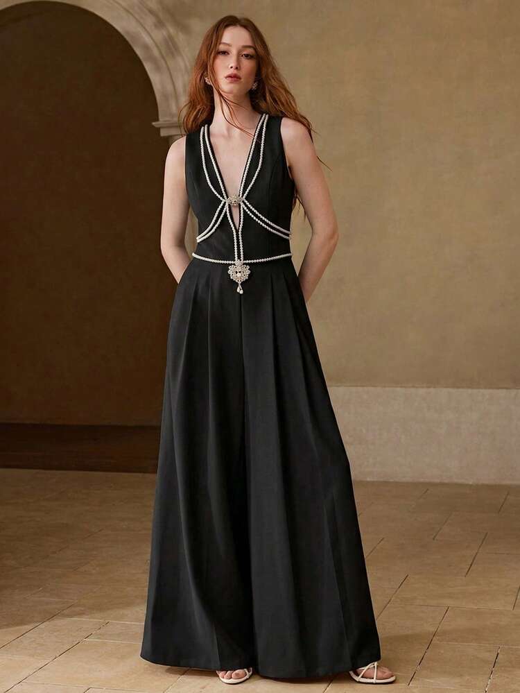 WOMEN'S DEEP V-NECK JEWELRY DECOR SLEEVELESS WIDE LEG LONG JUMPSUIT, SPRING/SUMMER