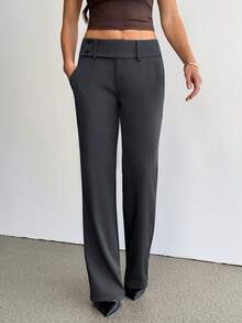 SHEIN Tall 女款時尚復古口袋喇叭腿長褲，灰色夏季辦公商務休閒女裝，老錢風穿搭，返校長褲，適合高個女性 - 深灰色 - 查看 4