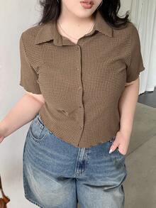 Dazy Plus Camiseta de manga corta ajustada con textura de tela, primavera/verano - Camel - Ver 5