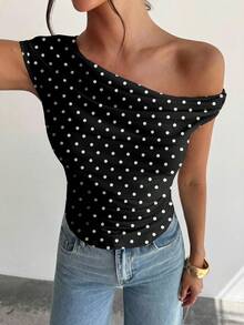 Firerie Áo croptop nữ thanh lịch, bất đối xứng, xếp ly, kiểu dáng vintage chấm bi, thích hợp cho kỳ nghỉ, dạo phố, đi làm. - màu đen - Xem 7
