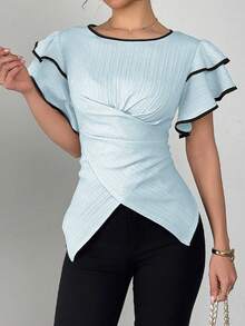 SHEIN Unity Women's Double-Layer Ruffle Sleeve Tie-Waist Shirt - Baby Blue - View 4