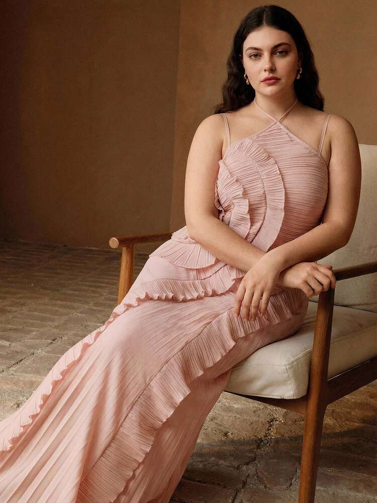 Plus Size Women's Solid Color Elegant Summer Halter Tie Neck Romantic Floral Ruffle Hem Pleated Sexy Vacation Dress