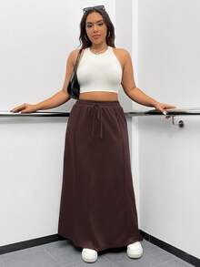 SHEIN EZwear 大码女式抽绳腰纯色休闲百搭半身裙 - 棕色 - 查看 5