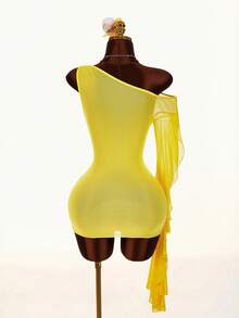 Amplova Women's Asymmetric Sleeve Rhinestone Letter Pattern Mini Dress - Yellow - View 4