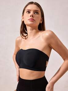 女士无缝无钢圈文胸，性感单肩设计，防滑侧边，可拆卸垫和交叉后背，无肩带 - 黑色 - 查看 8