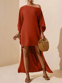 Vesra Women's Summer Minimalist Solid Color Asymmetric Hem Dress - Rust Brown - View 5