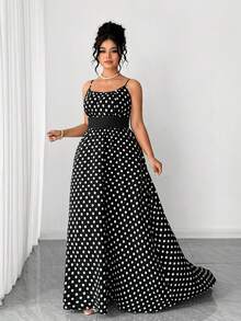 Elenzga 大码女式无袖梭织波点长裙，优雅派对风格，黑色底 - 黑與白 - 查看 6
