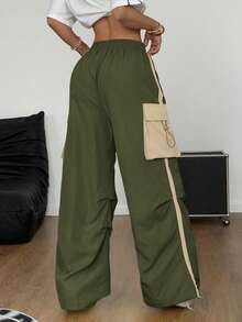 Coolane Quần cargo nữ mùa hè phong cách đường phố cơ bản, túi nắp bên hông, dây rút eo, màu xám dù. - xanh quân đội - Xem 5