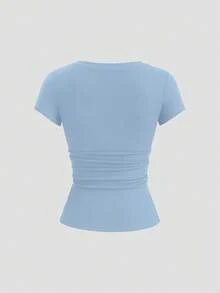 Sweetra Kaos Wanita Streetwear Lengan Pendek Warna Polos dengan Manset Setengah Terbuka dan Hiasan Renda Eyelet - Baby Blue - View 2