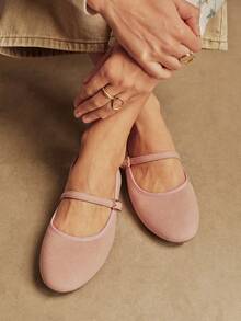 Rosivie Sepatu flat wanita model Mary Jane Prancis dengan ujung bulat, modis, dan elegan untuk dipakai bepergian. - Dusty Pink - View 7