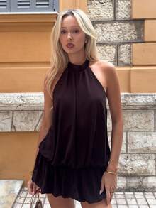 Theaadoraa Women's Casual Solid Color Ruffled Hem Halter Neck Dress, Summer,Elegant Dresses For Women,Party Dresses For Women - Coffee - View 3