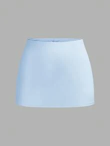 SHEIN Comfortcana 2件套女士新款基础款短裤套装，纯色短裙，女士短裙，迷你短裙，2件装短裙，半身裙，女士迷你短裙套装，内含短裤的半身裙，女士半身裙 - 藍白色 - 查看 3