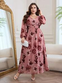 Modelyn Romantic Chiffon Floral Print Long Sleeve A-Line Maxi Dress, Plus Size, Spring/Summer Fall - Multicolor - View 4