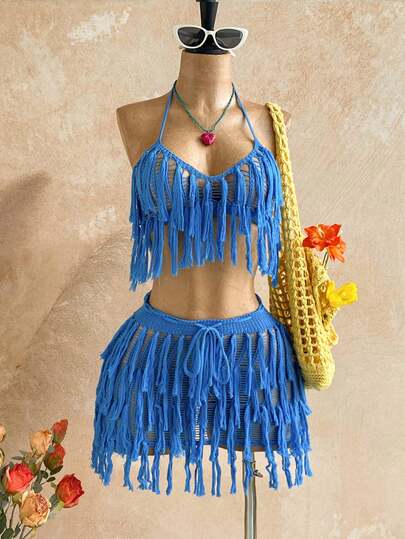 Soleia Vacation Beach Fringe Decor Backless Halter Top And Mini Skirt 2 Pieces Set