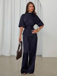 Aloruh 女士新款纯色棕色套装，两件套，巧克力色高领无袖扭结上衣搭配阔腿裤 - 藏蓝色 - 查看 8