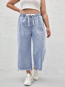 EMERY ROSE Mature Denim Plus Size Women Drawstring Waist Wide Leg Loose Casual Jeans - Light Wash - View 4