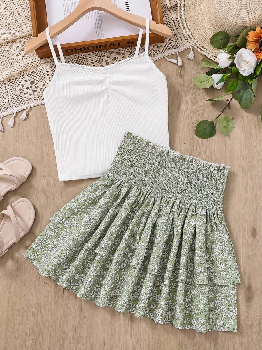 SHEIN 青少女休閒舒適背心上衣和花朵裙子連身套裝 - 白色 - 查看 1
