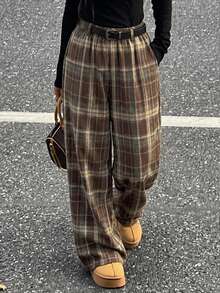 Dazy Tall Women's Tall Plaid Straight Leg Casual Pants - Coffee Brown - View 4