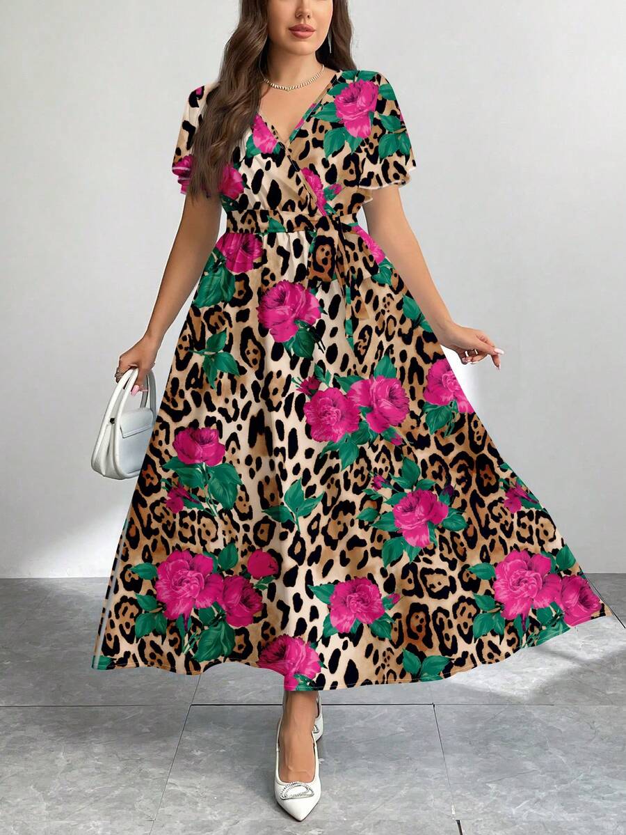 Modelyn Vestido holgado de talla grande con patrón floral minimalista retro, adecuado para otoño/invierno - Multicolor - Ver 1