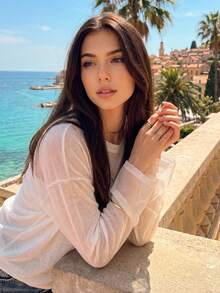 FRIFUL Women's Loose Fit Round Neck Oversized Drop Shoulder Mesh Splice Sheer Thin T-Shirt - Beige - View 11