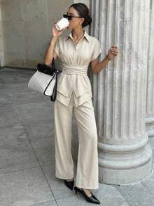 Ritzy Row 女士纯色杏色休闲短袖收腰开衩双层衬衫搭配同色阔腿裤，套装，日常穿着，法式优雅 - 杏色 - 查看 1