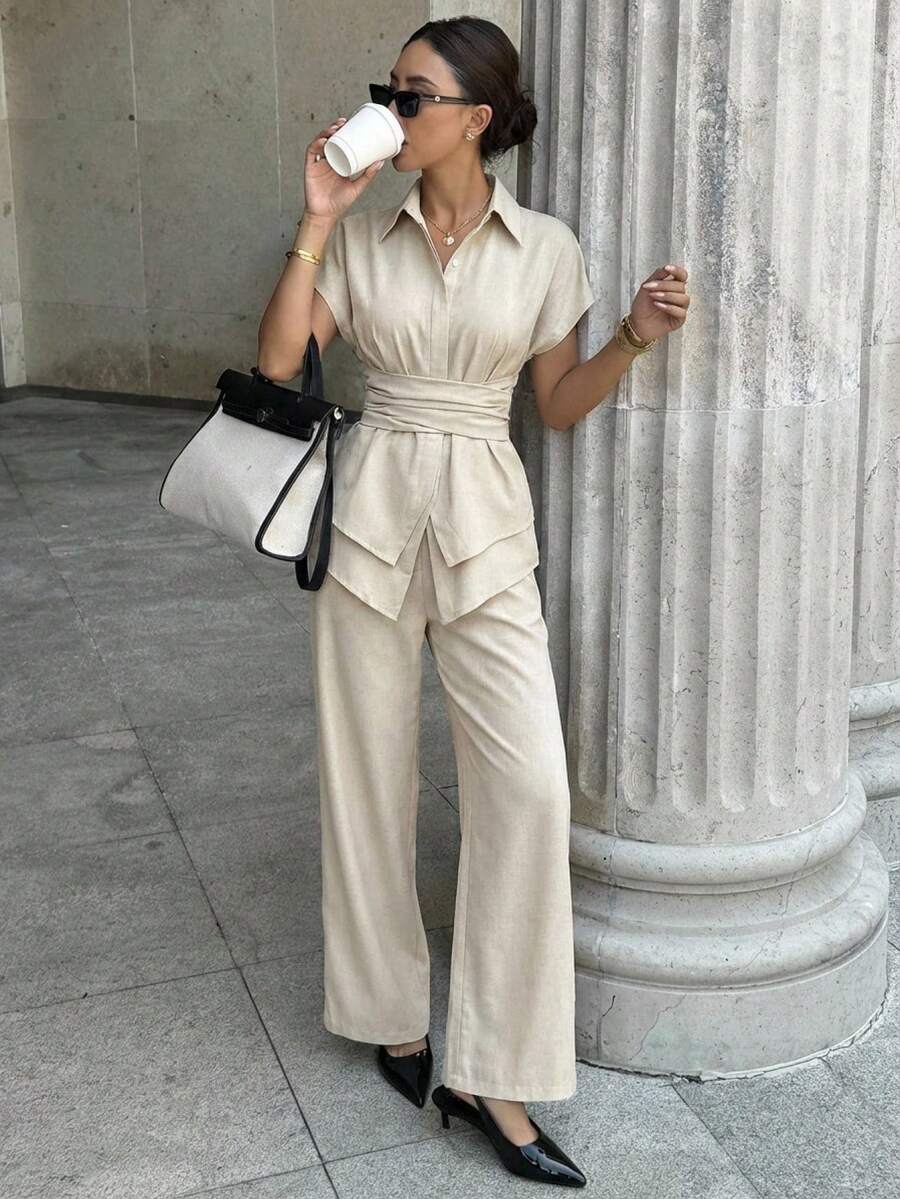 Ritzy Row 女士纯色杏色休闲短袖收腰开衩双层衬衫搭配同色阔腿裤，套装，日常穿着，法式优雅 - 杏色 - 查看 1