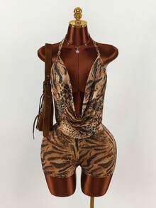 Amplova Boho Style Leopard Print Sexy Low-Cut Bodycon Jumpsuit For Women - Brown - View 3
