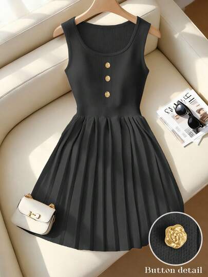 Franclia Đầm dệt kim ngắn không tay màu trơn, thanh lịch, đa năng dành cho nữ, kiểu dáng thường ngày, trang nhã, có khóa kim loại màu vàng hồng, ôm eo, xếp ly, thích hợp cho mùa xuân/hè.