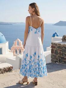 CielaLinda Vestido largo de tirantes con estampado floral de colocación para mujer - Azul y blanco - Ver 2
