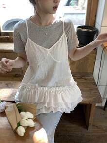 DAZY Women's Casual Solid Color Ruffle Hem Camisole Top, Summer - White - View 4