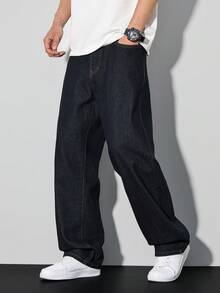 Manfinity Homme Spring & Summer Casual Dark Washed Blue Straight Loose Fit Printed Raw Denim Jeans - Blue - View 6