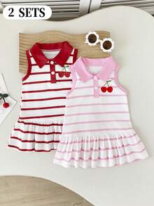 SHEIN Playful Pals Đầm hè kẻ sọc không tay cổ bẻ cho bé gái - Đỏ - Xem 2