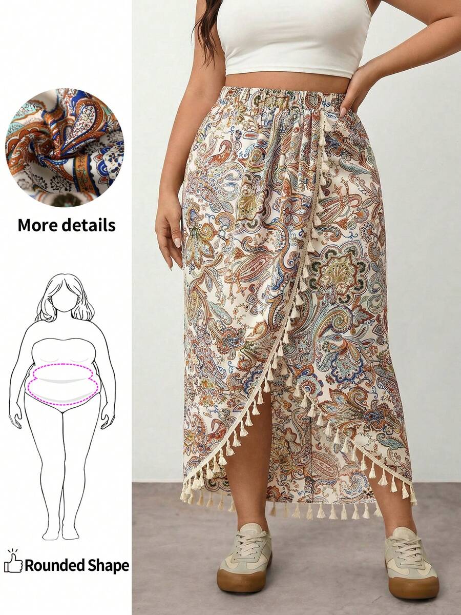 SHEIN Unity Plus Size Women Bohemian Vacation Tassel Skirt, For Apple And Rounded Body Shape - Multicolor - View 1